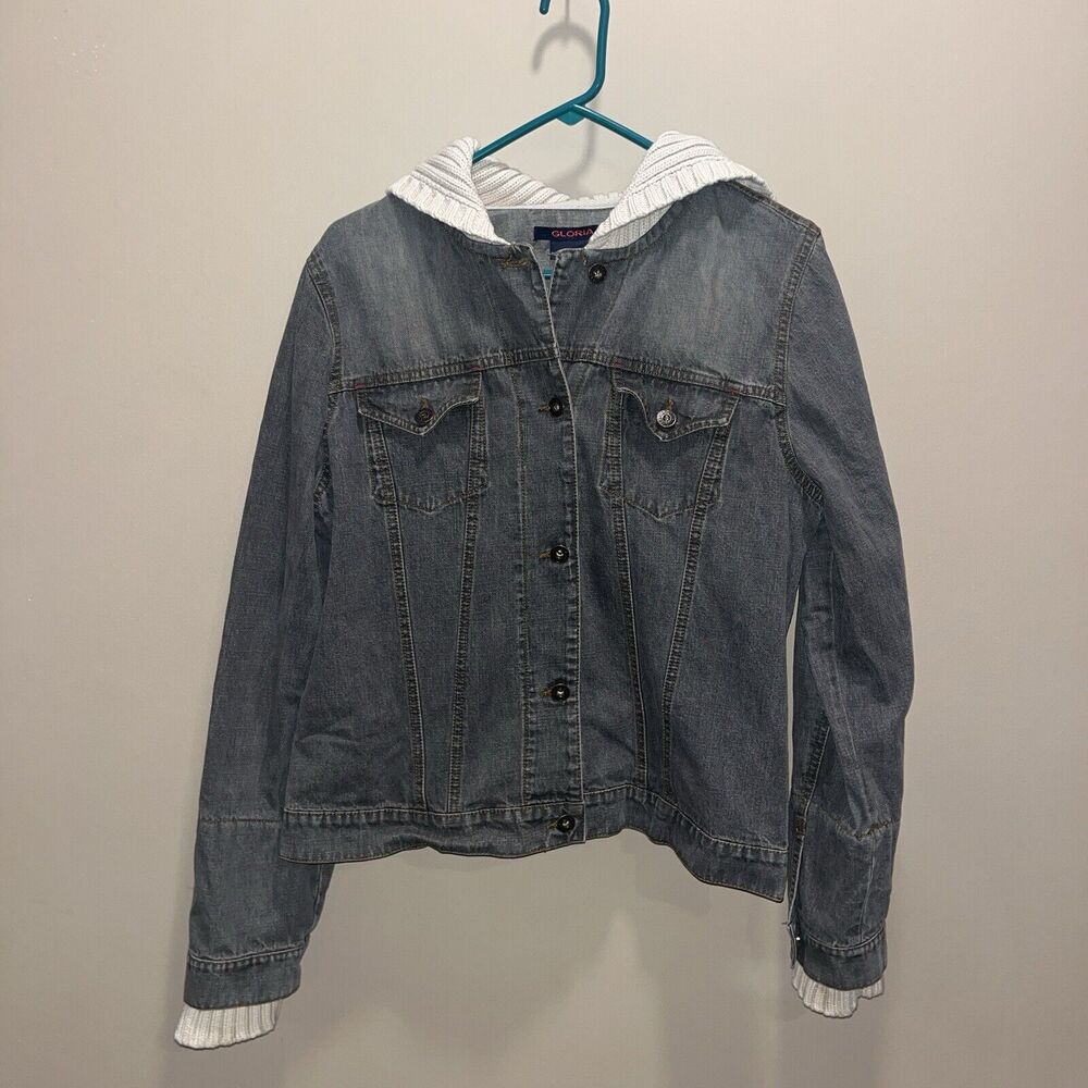 VTG 90s Women's Jean Jacket Hood Gray M Layered Look Grunge Y2K Indie Urban